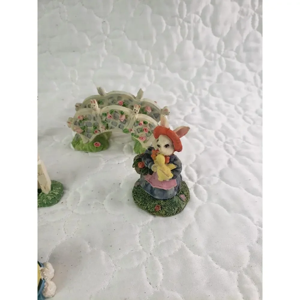 Vintage Easter Bunny Village Figurines Garden Accessories Spring Decor 8 Pcs